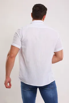 Erkek Kendinden Desenli Ön Cepli Kısa Kollu Gömlek Beyaz