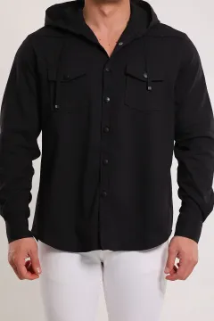 Erkek Ön Cep Detaylı Çıtçıtlı Kapüşonlu Gömlek Siyah