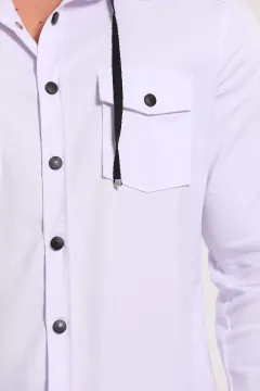 Erkek Ön Cep Detaylı Çıtçıtlı Kapüşonlu Gömlek Beyaz
