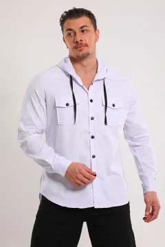Erkek Ön Cep Detaylı Çıtçıtlı Kapüşonlu Gömlek Beyaz