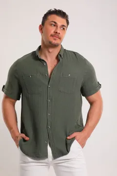Erkek Ön Cep Detaylı Kısa Kollu Gömlek Haki