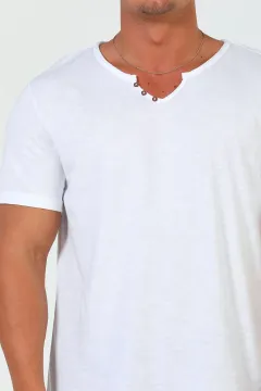 Erkek Ön Düğme Detaylı Basic T-shirt Beyaz