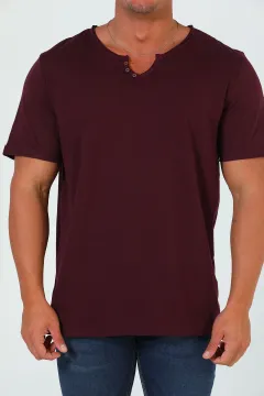 Erkek Ön Düğme Detaylı Basic T-shirt Bordo