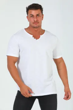 Erkek Ön Düğme Detaylı Basic T-shirt Beyaz