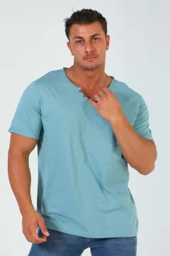 Erkek Ön Düğme Detaylı Basic T-shirt Mint