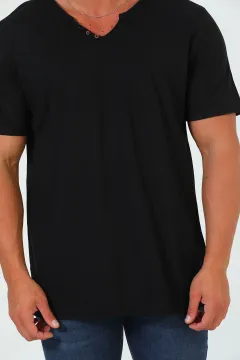 Erkek Ön Düğme Detaylı Basic T-shirt Siyah