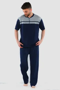 Erkek Ön Düğme Detaylı Pijama Takımı Lacivert