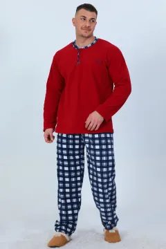 Erkek Ön Düğmeli Ekoseli Polar Pijama Takımı Bordo