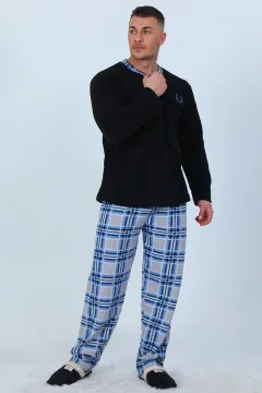 Erkek Ön Düğmeli Ekoseli Polar Pijama Takımı Siyah