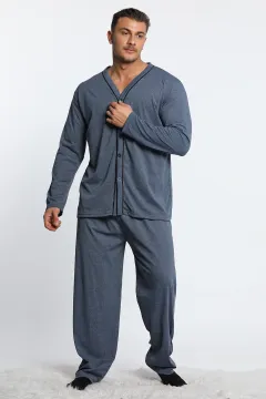 Erkek Ön Düğmeli Pijama Takımı Lacivert