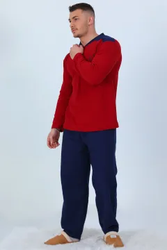 Erkek Ön Düğmeli Polar Pijama Takımı Bordo