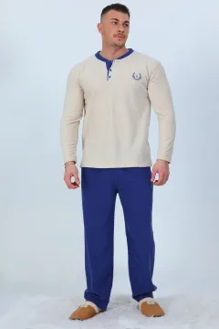 Erkek Ön Düğmeli Polar Pijama Takımı Bej