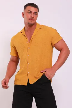 Erkek Oversize Likralı Gömlek Hardal