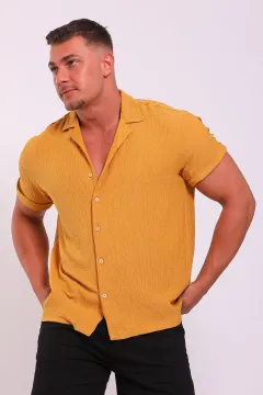 Erkek Oversize Likralı Gömlek Hardal