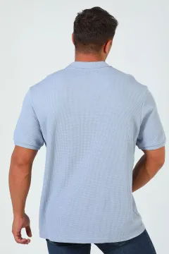 Erkek Polo Yaka Kendinden Desenli Oversize T-shirt Açıkmavi