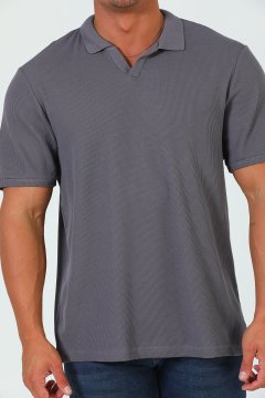 Erkek Polo Yaka Kendinden Desenli Oversize T-shirt Füme