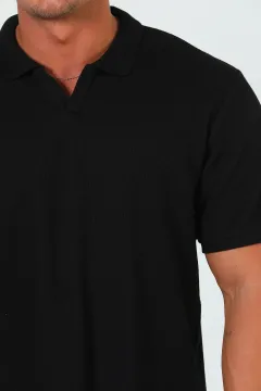 Erkek Polo Yaka Kendinden Desenli Oversize T-shirt Siyah