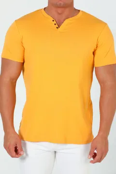 Erkek Yaka Düğmeli Likralı Basıc T-shirt Hardal