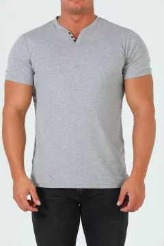 Erkek Yaka Düğmeli Likralı Basıc T-shirt Gri