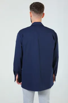 Erkek Çift Cepli Çıtçıtlı Mevsimlik Oversize Gömlek Ceket Lacivert