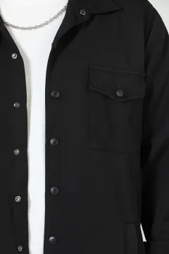 Erkek Çift Cepli Çıtçıtlı Mevsimlik Oversize Gömlek Ceket Siyah