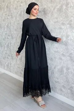 Eteği Pileli Bel Kuşak Detaylı Astarlı Şifon Tesettür Elbise Siyah