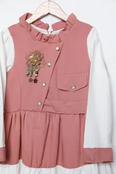 Fırfırlı Renk Bloklu Broş Detaylı Kız Çocuk Elbise Ve Çanta İkili Takım Gülkurusu