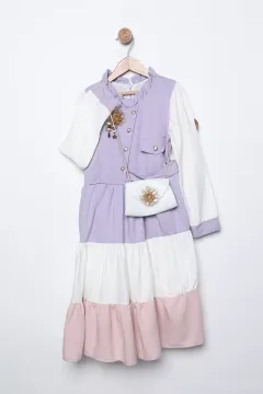 Fırfırlı Renk Bloklu Broş Detaylı Kız Çocuk Elbise Ve Çanta İkili Takım Lila