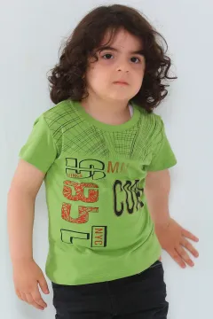 Erkek Çocuk Likralı Bisiklet Yaka Baskılı T-shirt Fıstık Yeşili