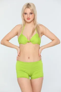 Kadın Likralı Yüksek Bel Boyundan Bağlamalı Hafif Destekli Şortlu Bikini Takım Fıstık Yeşili