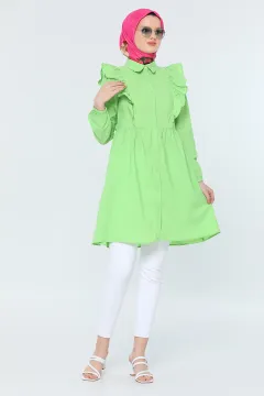 Kadın Modest Ön Arka Fırfırlı Kol Detaylı Tesettür Tunik Fıstık Yeşili