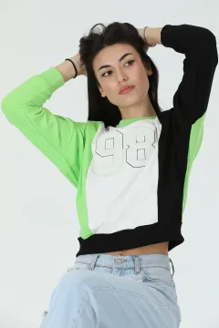 Kadın Renk Bloklu Sweatshirt Fıstık Yeşili