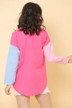 Kadın Oversize Renk Bloklu Poplin Gömlek Fujyabeyaz