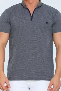 Erkek Likralı Polo Yaka Fermuarlı Desenli T-shirt Füme