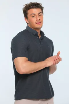 Erkek Likralı Polo Yaka Kendinden Desenli T-shirt Füme