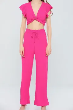 Kadın Yaka Dekolteli Crop Bluz Yüksek Bel Bol Paça Pantolon İkili Takım Fuşya