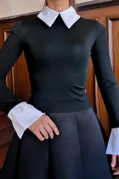 Gömlek Yaka Omuz Detaylı Likralı Bluz Kadın Siyah