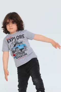 Erkek Çocuk Likralı Bisiklet Yaka Baskılı T-shirt Gri