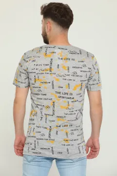 Erkek Likralı Bisiklet Yaka Baskılı T-shirt Gri