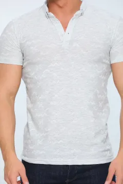 Erkek Likralı Polo Yaka Desenli T-shirt Gri