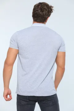 Erkek Likralı Polo Yaka Fermuarlı Desenli T-shirt Gri
