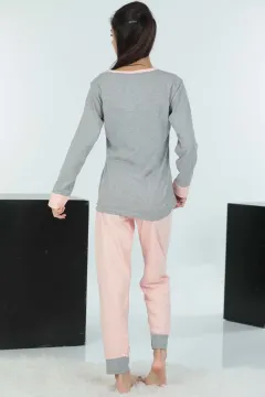 Kadın Baskılı Ribanalı Pijama Takımı Gri