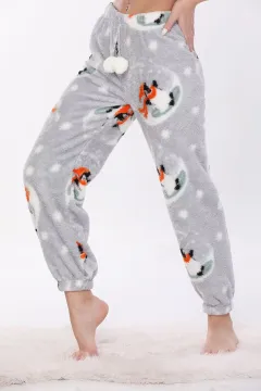 Kadın Desenli Paça Lastikli Peluş Alt Pijama Gri
