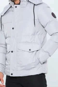 Erkek Kapüşonlu İç Astarlı Kışlık Şişme Mont Gri