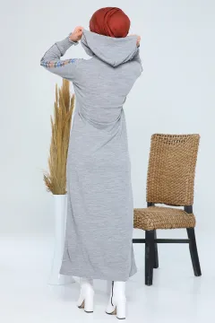 Kadın Kapüşonlu Nakışlı Triko Elbise Gri
