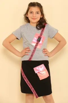 Kız Çocuk Likralı T-shirt Etek İkili Takım Gri