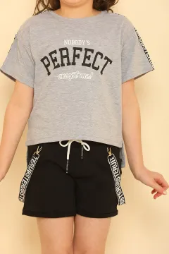 Kız Çocuk Likralı T-shirt Şort İkili Takım Gri