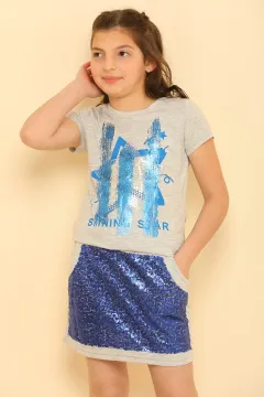 Kız Çocuk Likralı Pul Payetli T-shirt Etek İkili Takım Gri