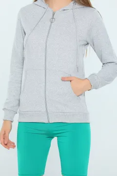 Kadın Kapüşonlu Fermuarlı Slim Fit Basic Sweatshirt Gri