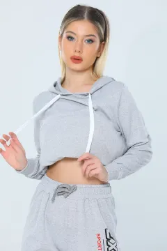 Kadın Likralı Kapüşonlu Basic Sweatshirt Gri